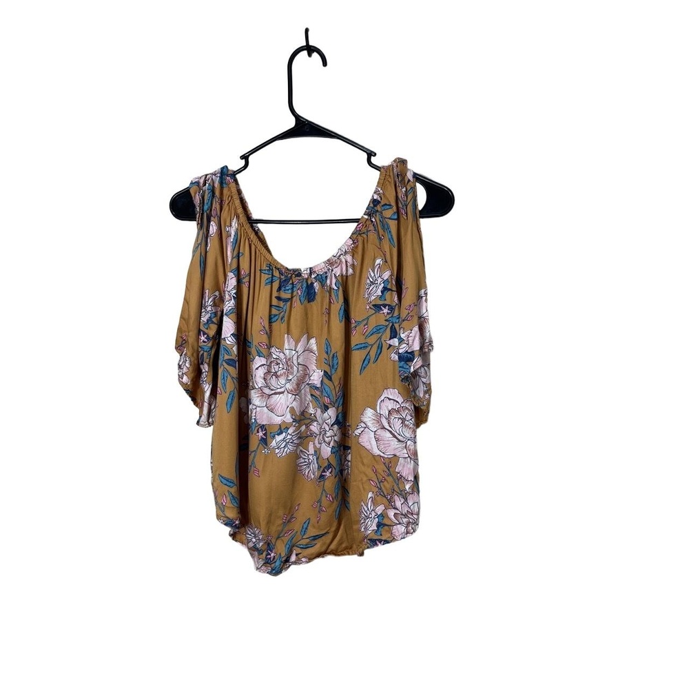 Billabong Womens Blouse Size M Mustard Floral Cold Shoulder Boho Tie Straps